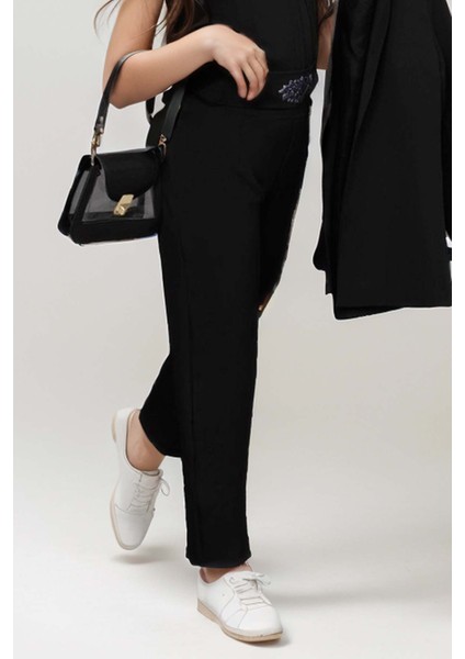 Kız Çocuk Yakası Taş Işlemeli Kolsuz Bluz Kemerli Blazer Ceket Pantolon Black Alt Üst Takım