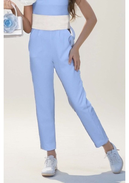 Kız Çocuk Tek Omuz Gül Detaylı Beli Kemerli Gök Mavi Tulum modelleri