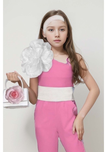 Kız Çocuk Tek Omuz Gül Detaylı Beli Kemerli Pembe Tulum
