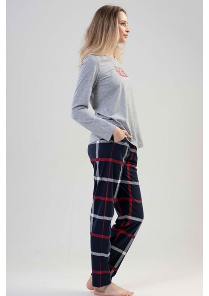 Kadın Gri Uzun Kollu Yuvarlak Yaka Oval Etek Pamuklu Pijama Takımı Tam Kalıp