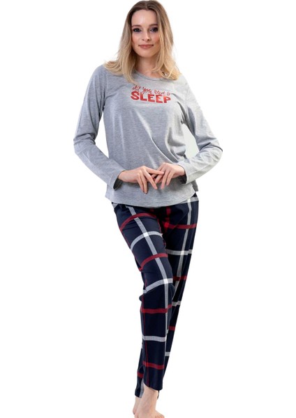 Kadın Gri Uzun Kollu Yuvarlak Yaka Oval Etek Pamuklu Pijama Takımı Tam Kalıp fiyatları
