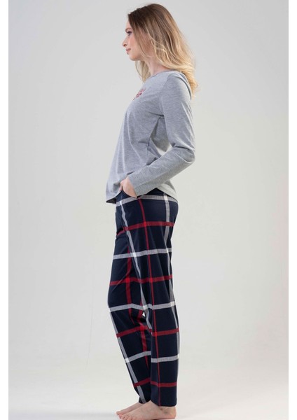 Kadın Gri Uzun Kollu Yuvarlak Yaka Oval Etek Pamuklu Pijama Takımı Tam Kalıp modelleri