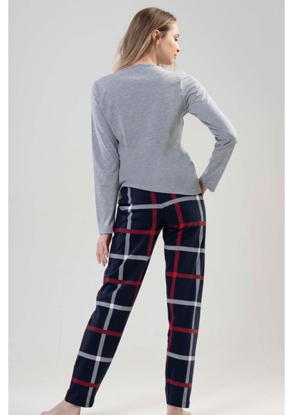 Kadın Gri Uzun Kollu Yuvarlak Yaka Oval Etek Pamuklu Pijama Takımı Tam Kalıp fırsatları