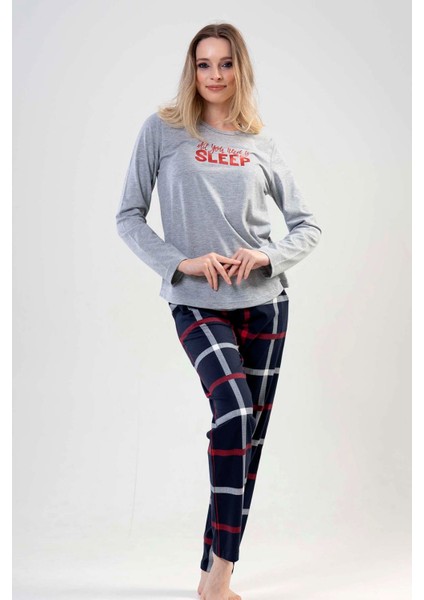 Kadın Gri Uzun Kollu Yuvarlak Yaka Oval Etek Pamuklu Pijama Takımı Tam Kalıp indirimleri