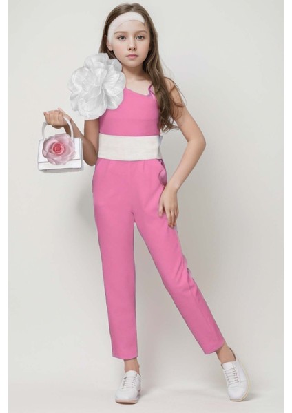 Kız Çocuk Tek Omuz Gül Detaylı Beli Kemerli Pembe Tulum