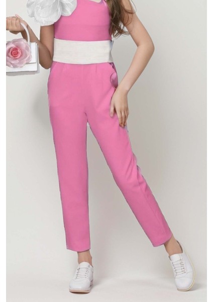 Kız Çocuk Tek Omuz Gül Detaylı Beli Kemerli Pembe Tulum modelleri