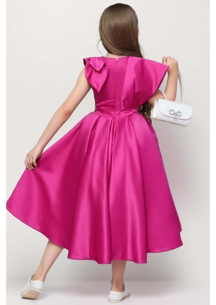 Kız Çocuk Omuzu Fiyonk Broş Detaylı Beli Taş Yonca Işlemeli Fuşya Elbise fiyatları