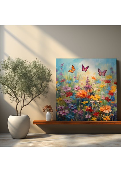 Yaban Hayatı Duvar Süslemesi - Rengarenk Çiçekler ve Kelebekler - Yaban Hayatı, Duvar Dekorasyonu, Kanvas Tablo, Yaban Hayatı, 30X30