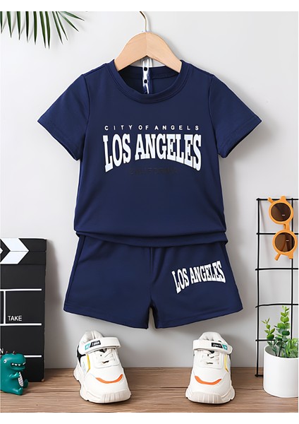 Los Angeles California Baskılı Lacivert Çocuk T-Shirt-Şort Takım - Çocuk Yazlık Sıfır Yaka
