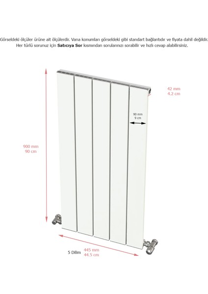 Hestia Alüminyum Dikey Radyatör Panel 900 x 445 Beyaz 5 Dilim