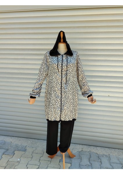 Kapuşonlu Saten Kumaş Leopar Desen Pamuk Kumaş Altlı Ikili Takım