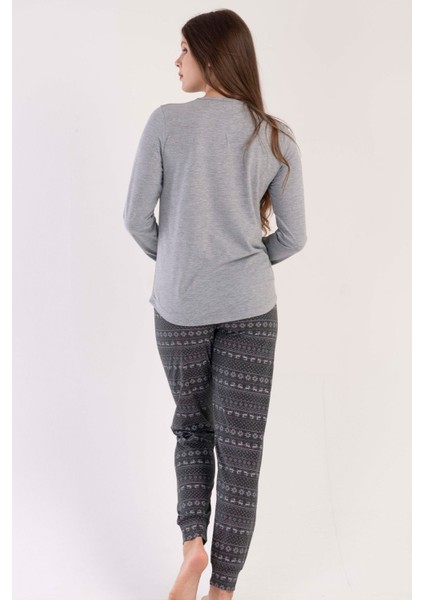 Kadın Gri Uzun Kollu Yuvarlak Yaka Geyik Desenli Oval Etek Pamuklu Pijama Takımı Tam Kalıp