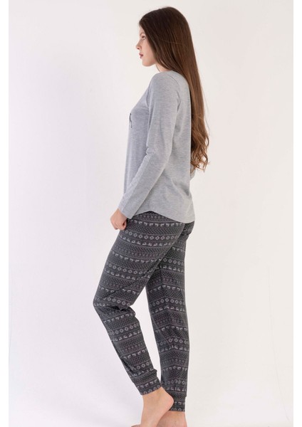 Kadın Gri Uzun Kollu Yuvarlak Yaka Geyik Desenli Oval Etek Pamuklu Pijama Takımı Tam Kalıp fiyatları