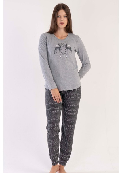 Kadın Gri Uzun Kollu Yuvarlak Yaka Geyik Desenli Oval Etek Pamuklu Pijama Takımı Tam Kalıp modelleri