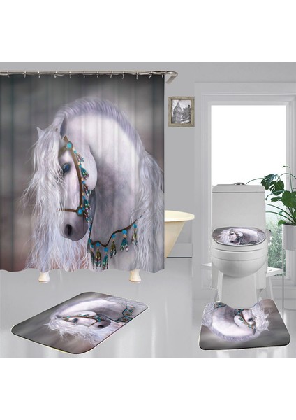 Beyaz At Polyester Kumaş Duş Perdesi Kaymaz Banyo Mat Tuvalet Kapağı Kilim Hayvan Sanat Ev Banyo Dekor Seti | Duş Perdeleri (150 * 180) (Yurt Dışından) fiyatları