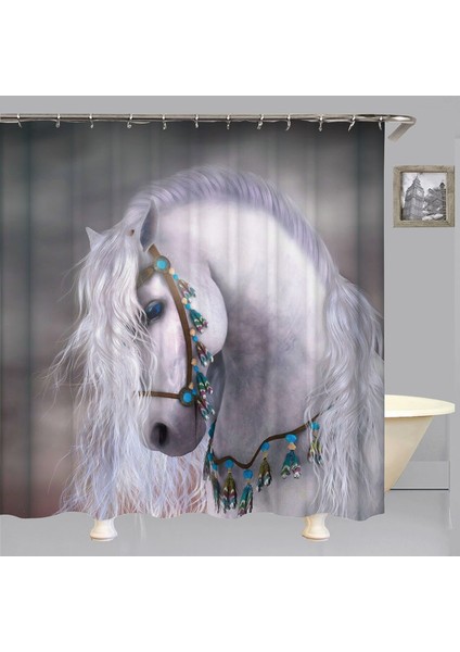 Beyaz At Polyester Kumaş Duş Perdesi Kaymaz Banyo Mat Tuvalet Kapağı Kilim Hayvan Sanat Ev Banyo Dekor Seti | Duş Perdeleri (150 * 180) (Yurt Dışından) modelleri