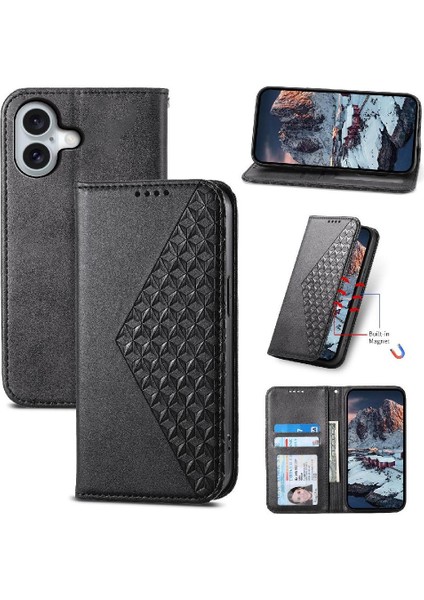 IPhone 16 Için Flip Case Eşkenar Dörtgen Şekli Cüzdan Standı El Kayışı Günlük Kullanım (Yurt Dışından)