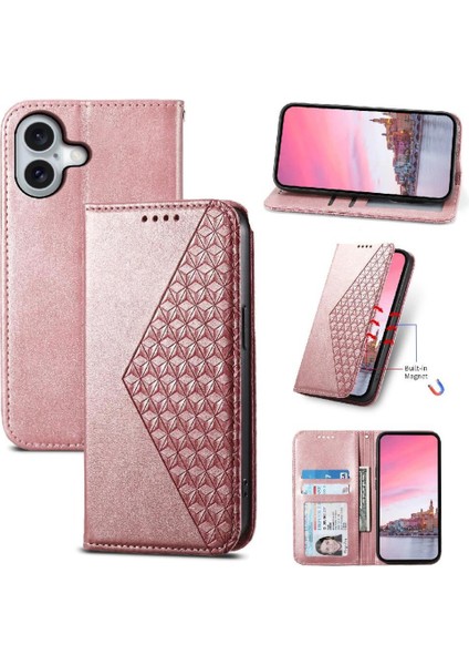 IPhone 16 Için Flip Case Eşkenar Dörtgen Şekli Cüzdan Standı El Kayışı Günlük Kullanım (Yurt Dışından)