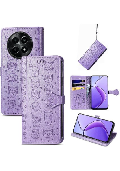 Realme 12 Için Flip Case Deri Kılıf Karikatür Hayvanlar Kısa Kayış Flip (Yurt Dışından)