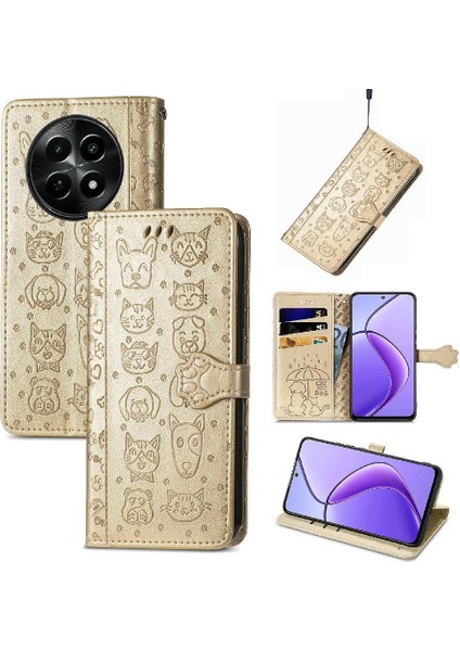 Realme 12 Için Flip Case Deri Kılıf Karikatür Hayvanlar Kısa Kayış Flip (Yurt Dışından)