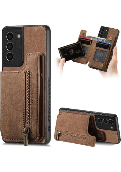 Samsung Galaxy S21 Vintage Fermuar Cüzdan Standı Fonksiyonu Için Kılıf Katlanabilir (Yurt Dışından)