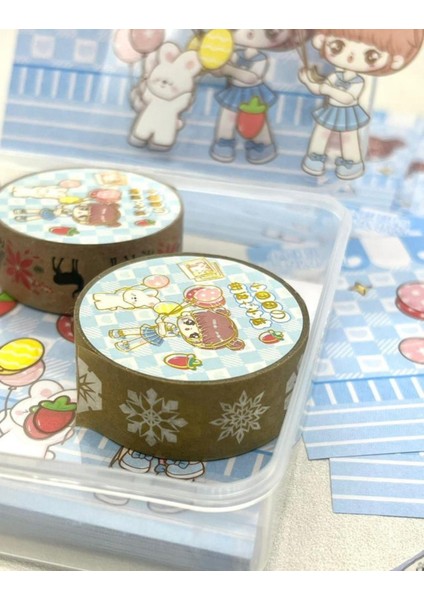 Sevimli Kız ve Tavşancık Mavi Post-It, Sticker, Washi Bant Kutulu Set / Washi Tape / Bullet Journal