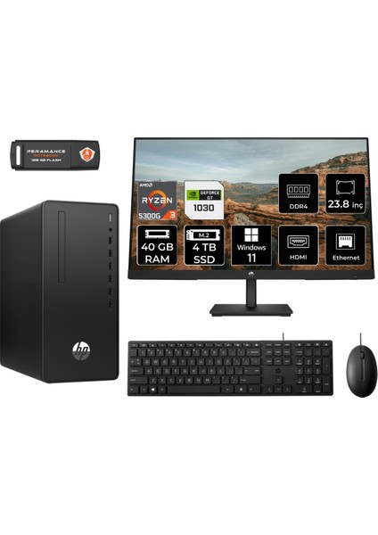 295 G9 Amd Ryzen 3 5300G 40GB 4tb SSD GT1030/4GB 23.8" Fhd Monitör W11P 6D391EA Masaüstü Bilgisayar & Per4 USB Bellek 6D391EAMNT3440