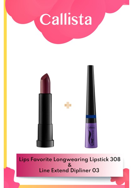 Callista Lips Favorite Longwearing Ruj 308 Vampy Like - Bordo & Line Extend Dipliner 03 Mavi Makyaj Seti