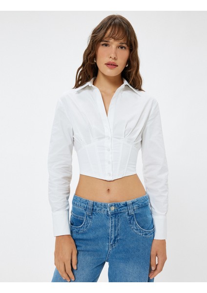 Korse Görünümlü Crop Poplin Gömlek Uzun Kollu Pamuklu Slim Fit