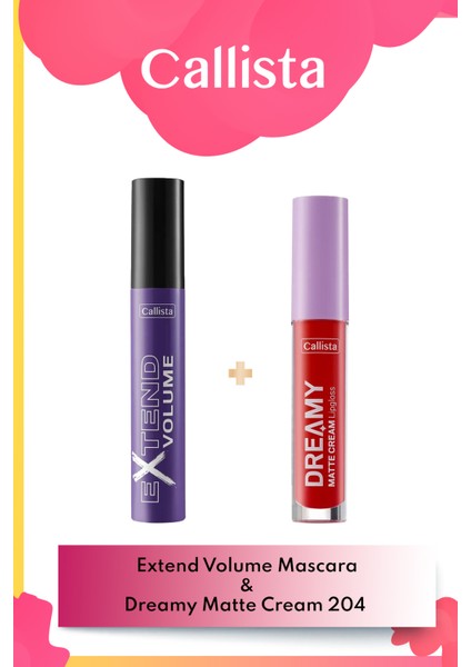 Callistaextend Volume Maskara Siyah & Dreamy Matte Cream Lipgloss 204 Hot Girl Check - Kırmızı Makyaj Seti