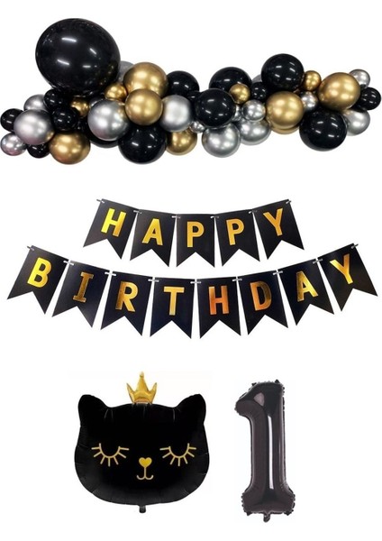 Siyah Kedili Happy Bırthday Doğum Günü Seti Kedi konsept Balon Seti 1 yaş Parti Doğum Günü Konsept Parti Eğlence