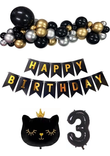 Siyah Kedili Happy Bırthday Doğum Günü Seti Kedi konsept Balon Seti 3 yaş Parti Doğum Günü Konsept Parti Eğlence