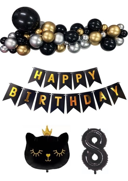 Siyah Kedili Happy Bırthday Doğum Günü Seti Kedi konsept Balon Seti 8 yaş Parti Doğum Günü Konsept Parti Eğlence