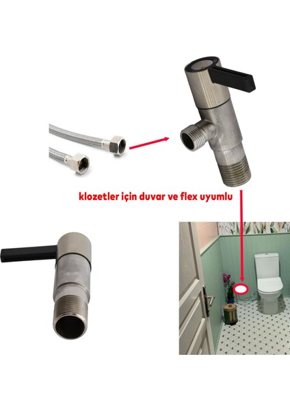 Ara Musluk Metal Inox Aç Kapa Vanalı Metal Taharet Musluğu Sağlam Wc Klozet Flex Bağlantı Aparat