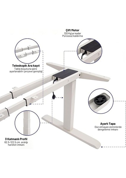 Ofis Fix Yükseklik Ayarlı Masa | Çift Motorlu| Elektrikli Masa Mekanizması | 120 kg Taşıma | Çarpışma Önleyici | Yükseklik 62-122CM