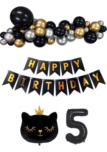 Siyah Kedili Happy Bırthday Doğum Günü Seti Kedi konsept Balon Seti 5 yaş Parti Doğum Günü Konsept Parti Eğlence