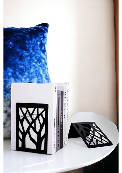 Ağaç Desenli Metal Kitap Desteği - Kitap Tutucu - Ev ve Ofis Dekoratif Aksesuar( 2 Li Set) Siyah