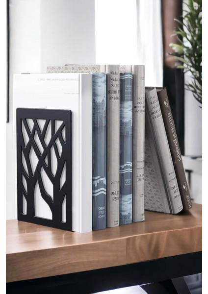 Ağaç Desenli Metal Kitap Desteği - Kitap Tutucu - Ev ve Ofis Dekoratif Aksesuar( 2 Li Set) Siyah fiyatları