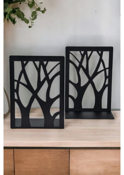 Ağaç Desenli Metal Kitap Desteği - Kitap Tutucu - Ev ve Ofis Dekoratif Aksesuar( 2 Li Set) Siyah fırsatları