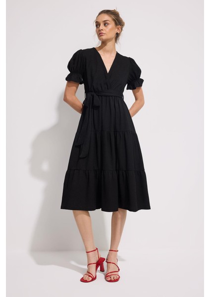 Balon Kol Kruvaze Midi Elbise