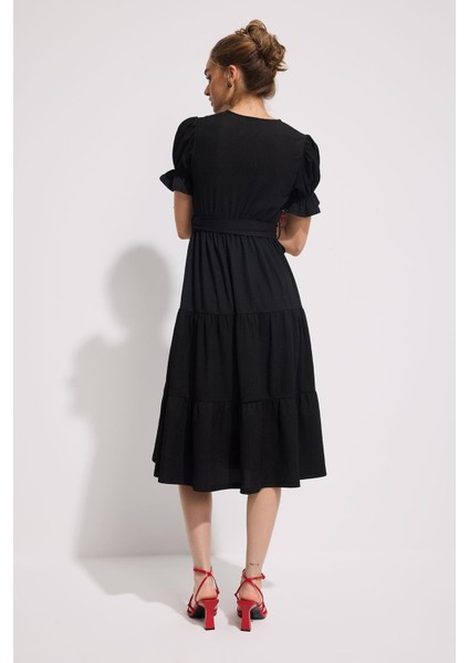 Balon Kol Kruvaze Midi Elbise fırsatları