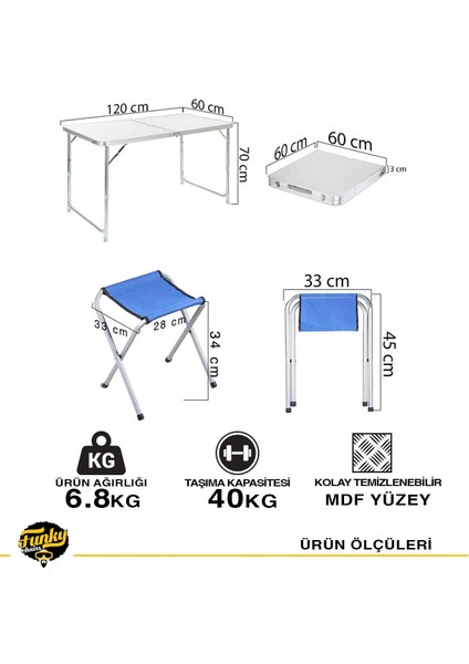 Funky Chairs Tabureli Katlanabilir Piknik Masası Seti -Gri