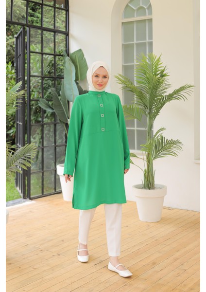 Kare Çıtçıtlı Tunik Yeşil 24YT451 modelleri