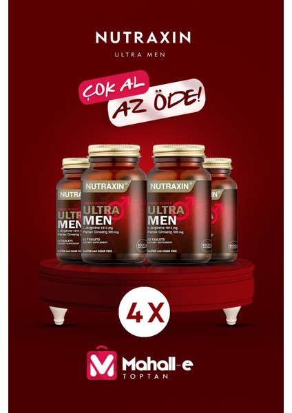 Ultra Men 60 Tablet - L-Arjinin, Ginseng, Zencefil, Demir Dikeni, Tarçın 4'lu