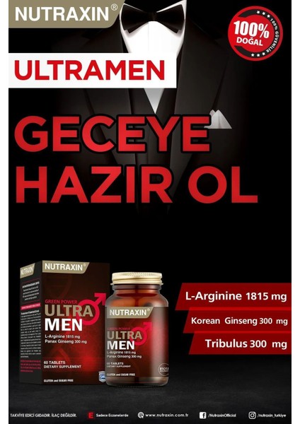 Ultra Men 60 Tablet - L-Arjinin, Ginseng, Zencefil, Demir Dikeni, Tarçın 4'lu