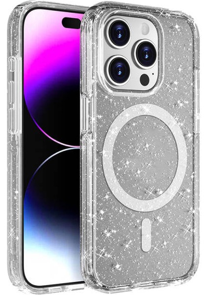 Iphone 15 Pro Kılıf M-Safe Özellikli Nokta Simli Parlak Transparan Prismara Premium Kapak