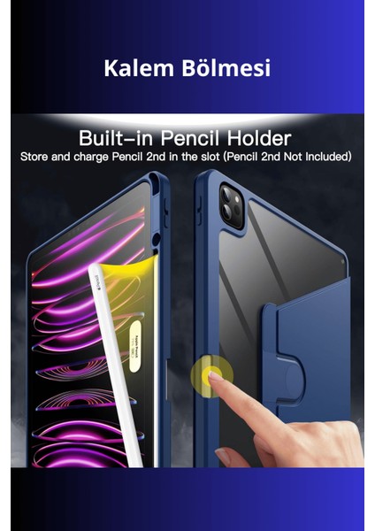 iPad Air 13 Inç 2024 360 Derece Dönebilen Standlı Pino iPad Tablet Kılıfı