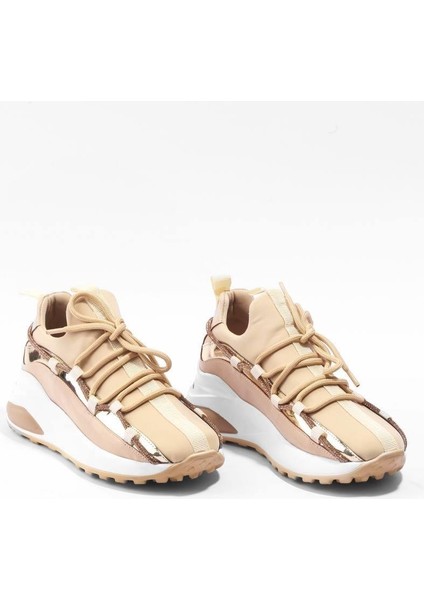 Kadın Bej İnce Şerit Taş Detaylı Sneaker