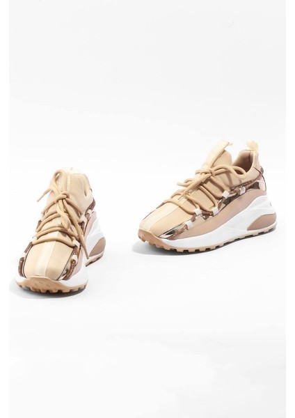 Kadın Bej İnce Şerit Taş Detaylı Sneaker