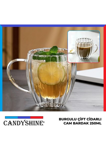 Candy Shine Burgulu Çift Cidarlı Kulplu Cam Bardak 250ML